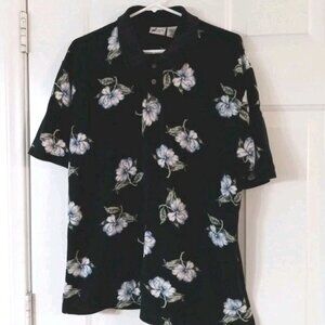 Cherokee Waikiki Wear Polo Shirt Men's Large Hawaiian Black Floral Short Sleeve